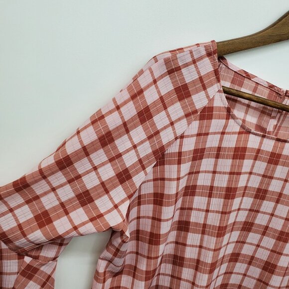 Lauren Conrad Plaid Ruffle Sleeve Blouse Womens L Pink Rust Gingham Cottagecore - Picture 6 of 13
